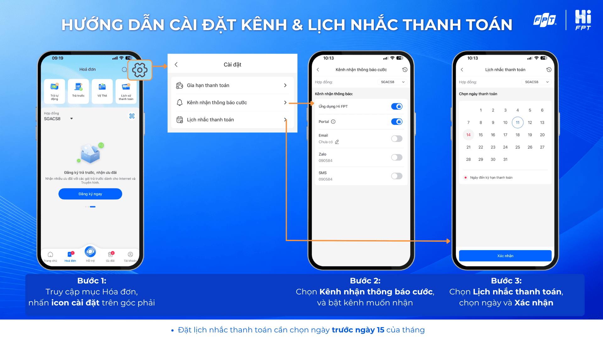Đặt kênh và lịch nhắc thanh toán