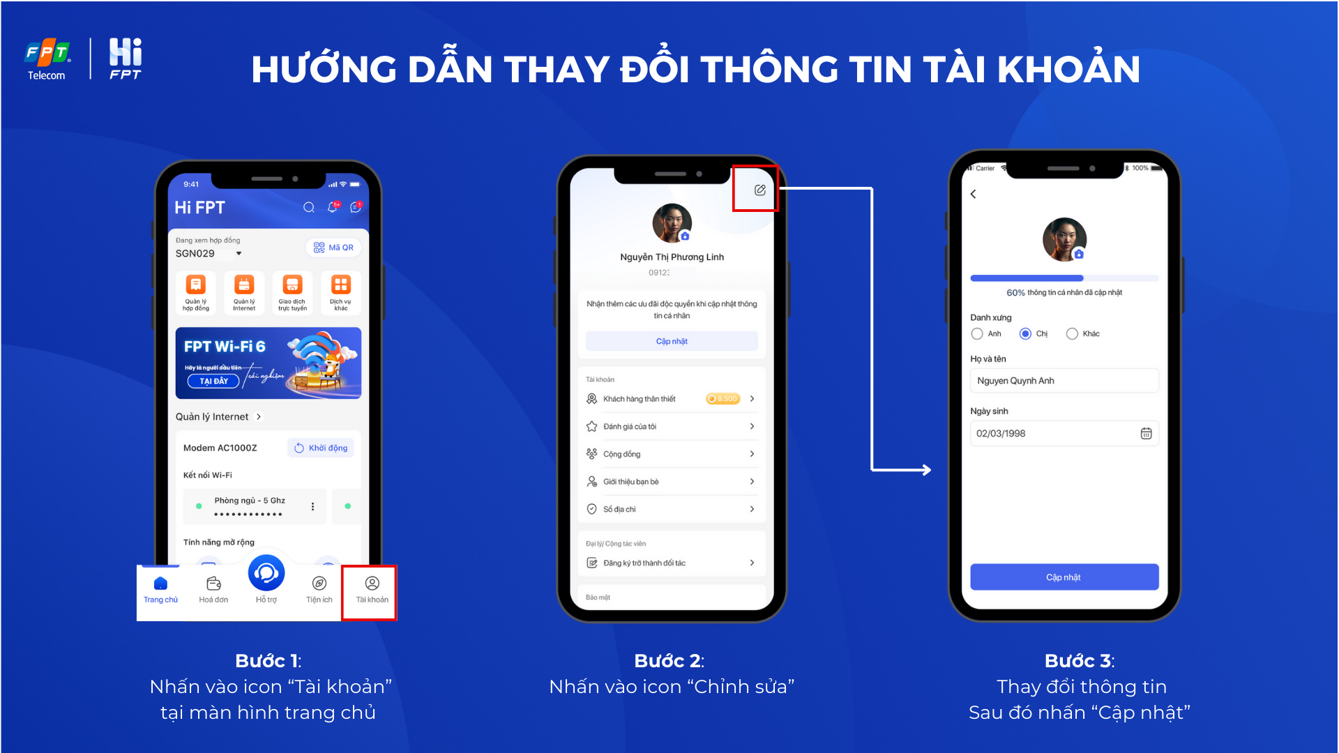 Thay đổi thông tin tài khoản trên App Hi FPT