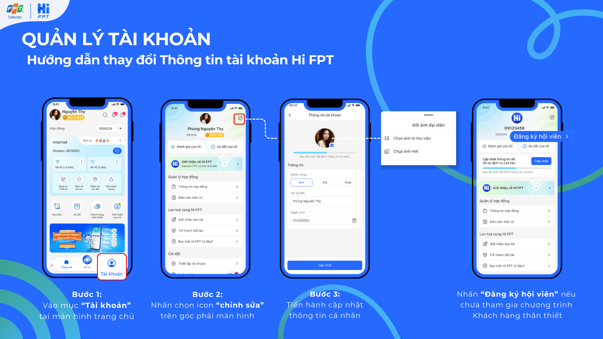 Thay đổi thông tin tài khoản trên App Hi FPT