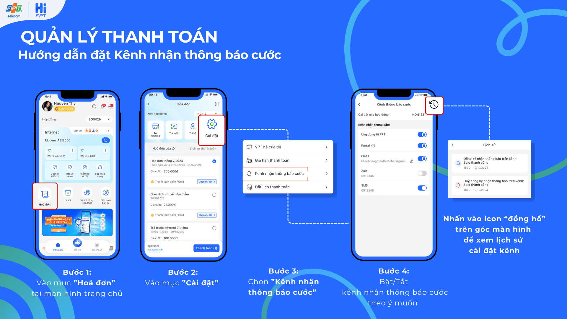 Hướng dẫn đặt Kênh nhận thông báo cước
